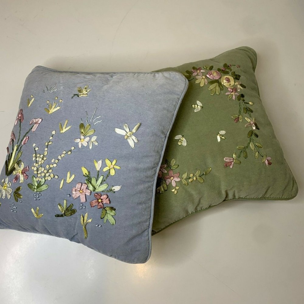set of throw pillows velvet green blue ribbon embr